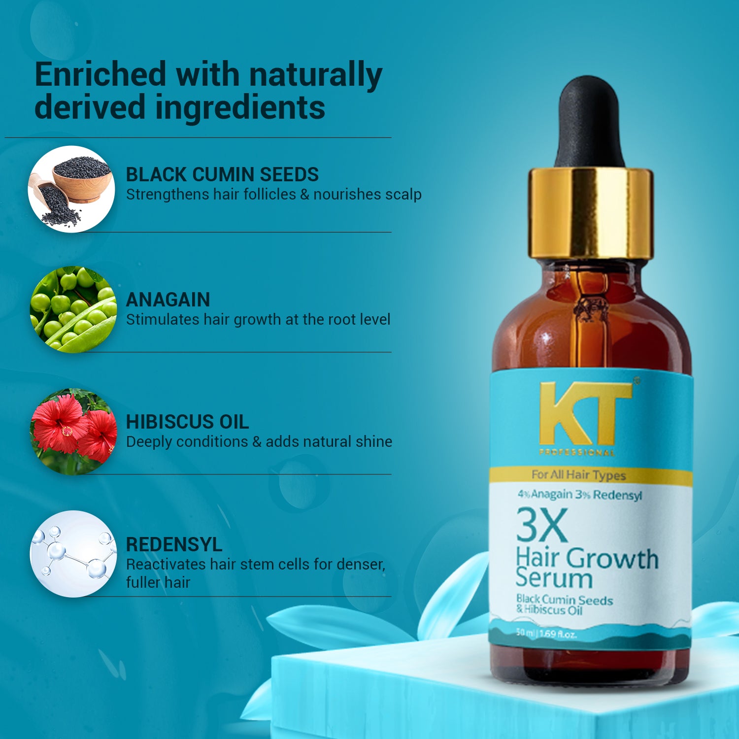 3X Hair Growth Serum | Infused with Black Cumin, Anagain, Hibiscus, Redensyl | Enhance Hair Growth, Strength & Nourishment | Sulfate-Free, Paraben-Free | 50ml