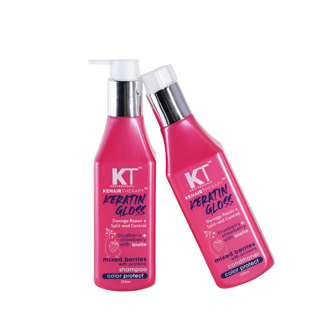 Keratin Gloss Shampoo & Conditioner | With Blueberry, Strawberry & Biotin | Damage Repair & Split-End Control | Sulfate-Free, Paraben-Free | 250ml x 2