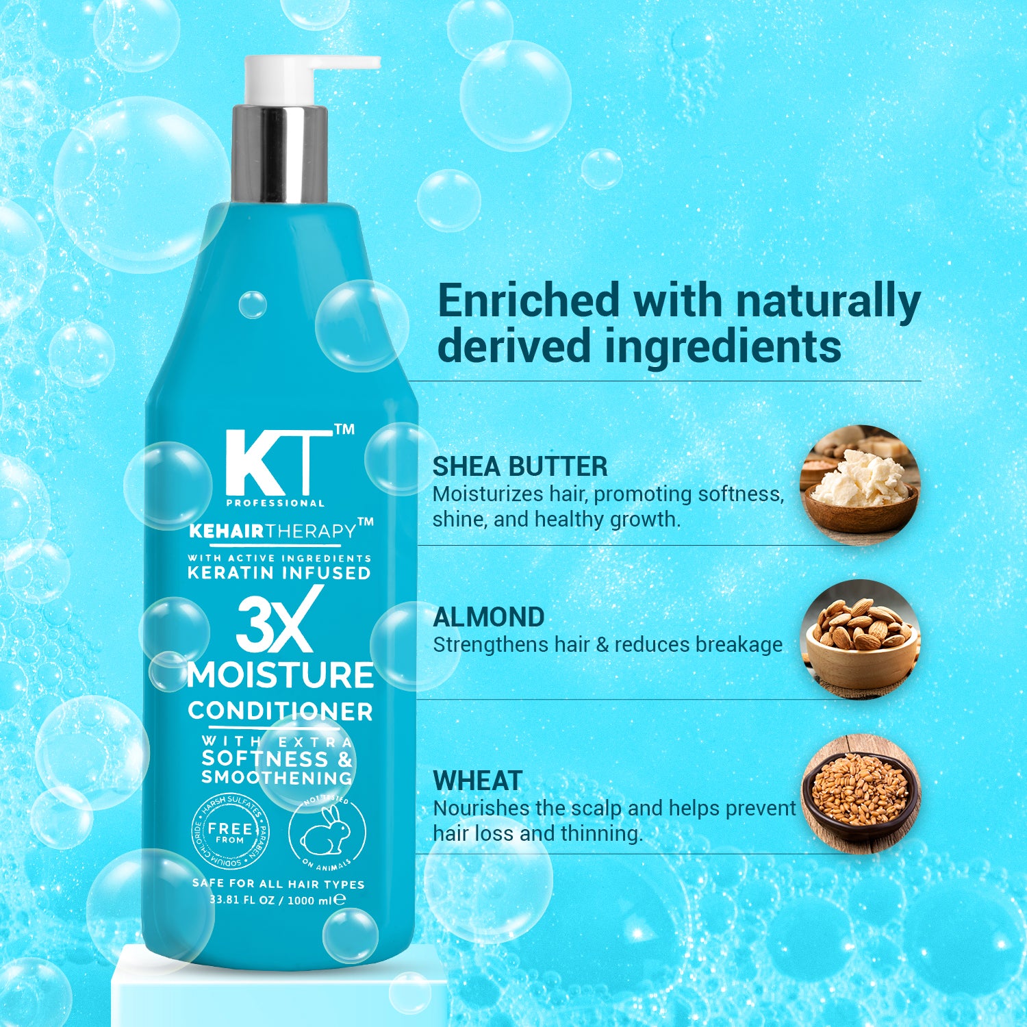 3X Moisture Conditioner | Keratin-Infused with Active Ingredients for Extra Softness & Smoothness | Sulfate-Free, Paraben-Free | 1000ml