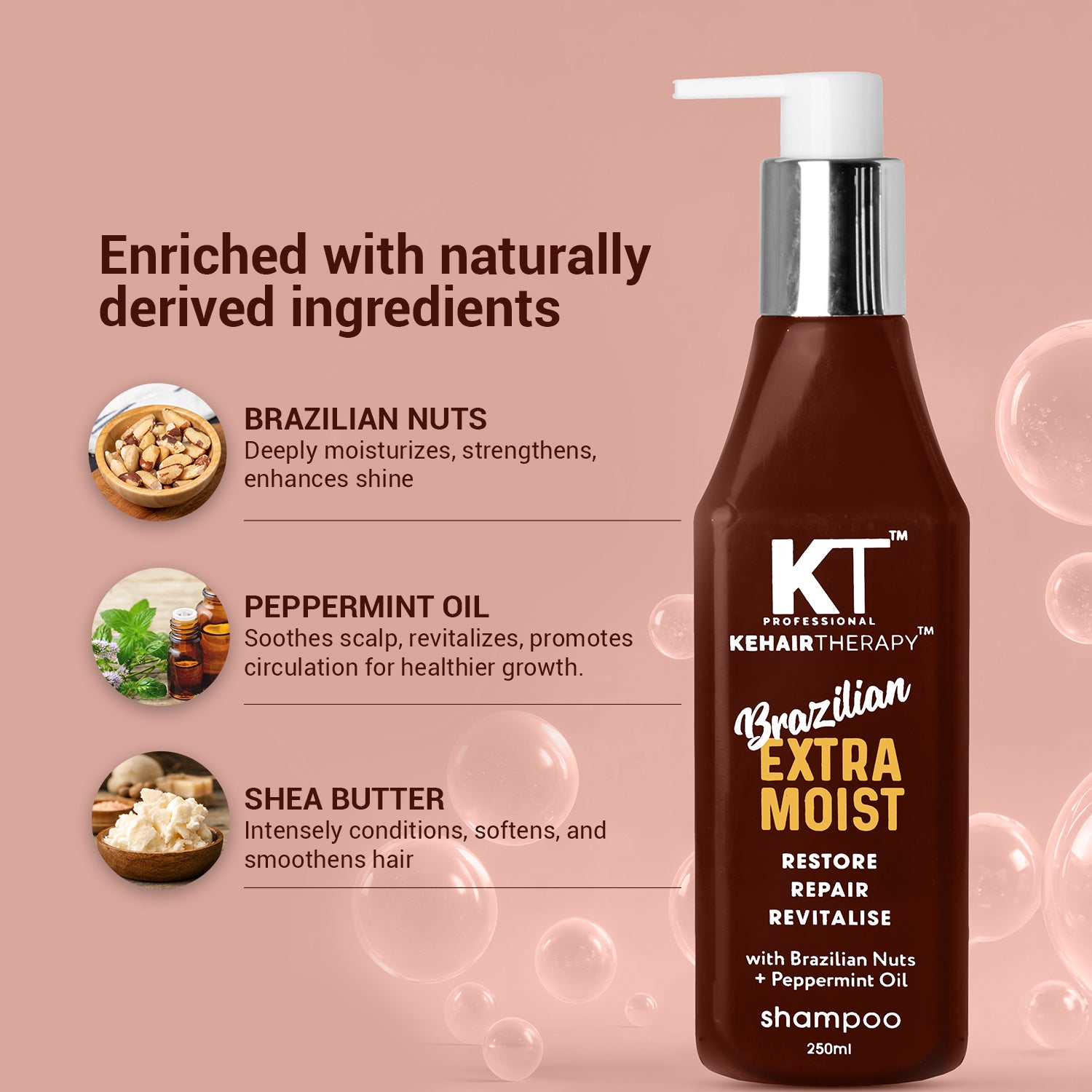 Brazilian Extra Moist Shampoo | Enriched with Brazilian Nut & Peppermint Oil | Restores & Revitalizes Dry, Damaged Hair | Sulfate-Free, Paraben-Free | 250ml