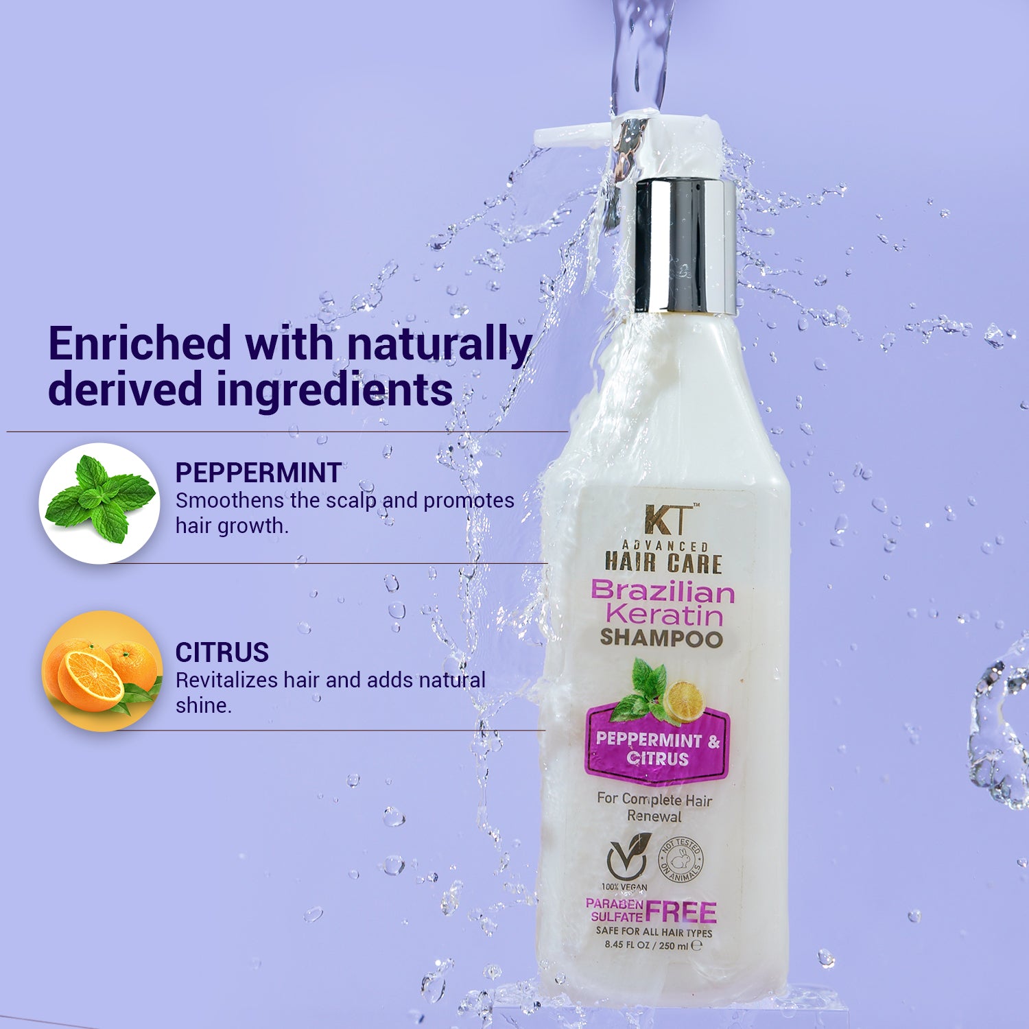 Brazilian Keratin Shampoo | Peppermint & Citrus | Restores, Repairs & Revitalizes Hair | Sulfate-Free, Paraben-Free | 250ml
