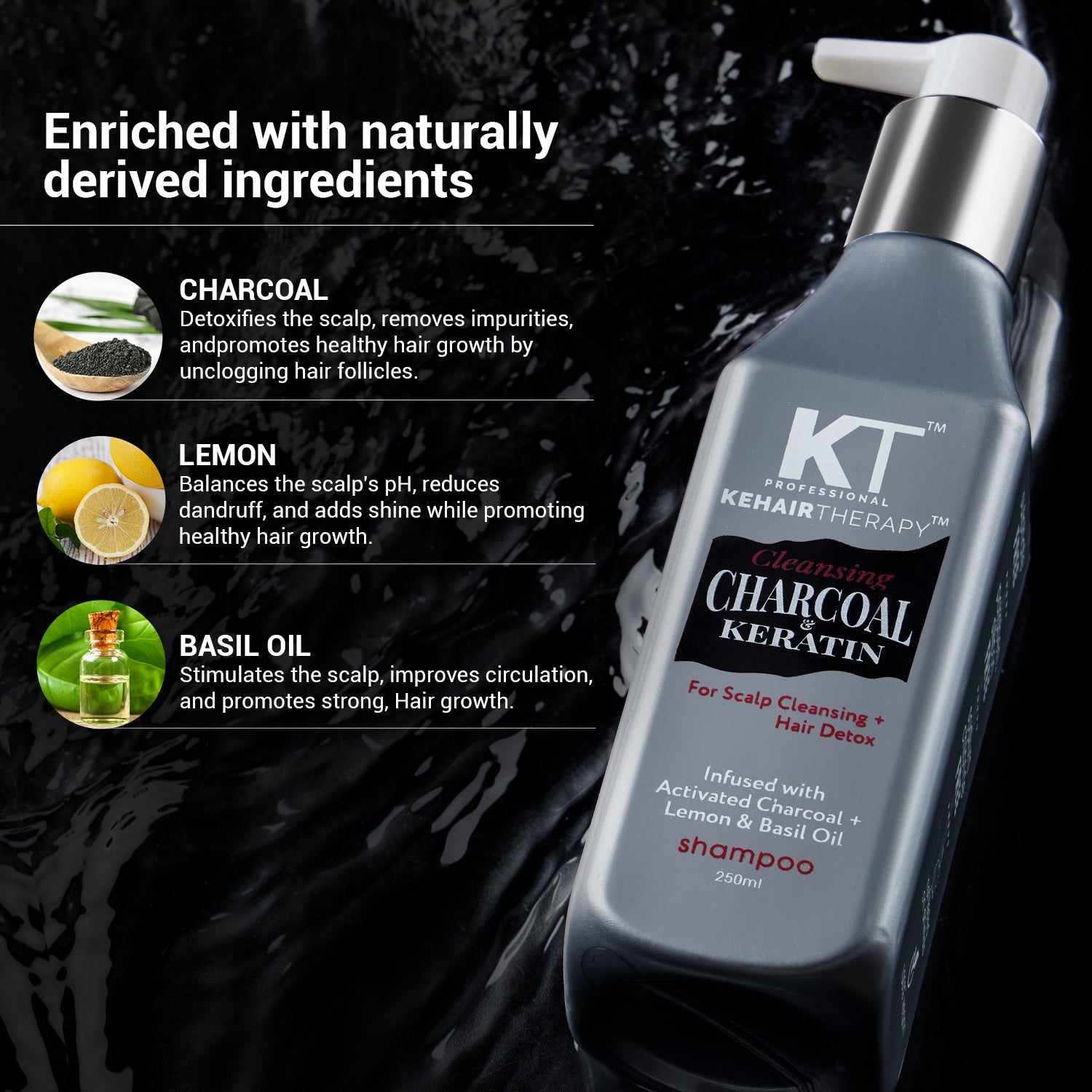 Charcoal & Keratin Shampoo | Infused with Activated Charcoal, Lemon & Basil Oil | Scalp Cleansing & Hair Detox | Sulfate-Free, Paraben-Free | 250ml