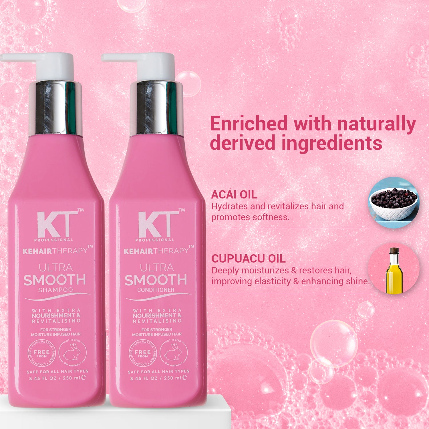 Ultra Smooth Shampoo & Conditioner | With Acai Oil & Cupuacu Oil | Extra Nourishment & Revitalizing for Soft, Shiny Hair | Sulfate-Free, Paraben-Free | 250ml x 2