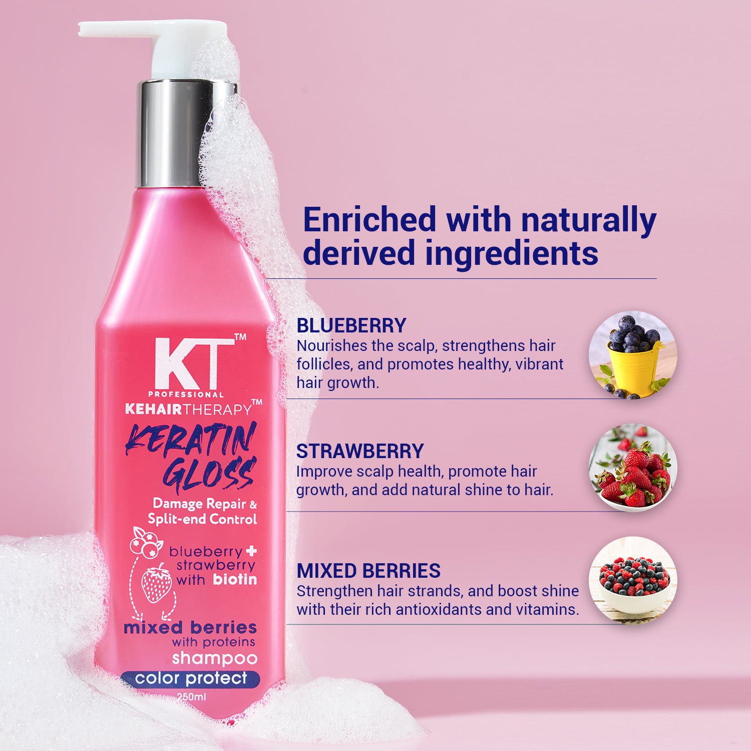 Keratin Gloss Shampoo | With Blueberry, Strawberry & Biotin Extracts | Damage Repair & Split-End Control | Sulfate-Free, Paraben-Free | 250ml