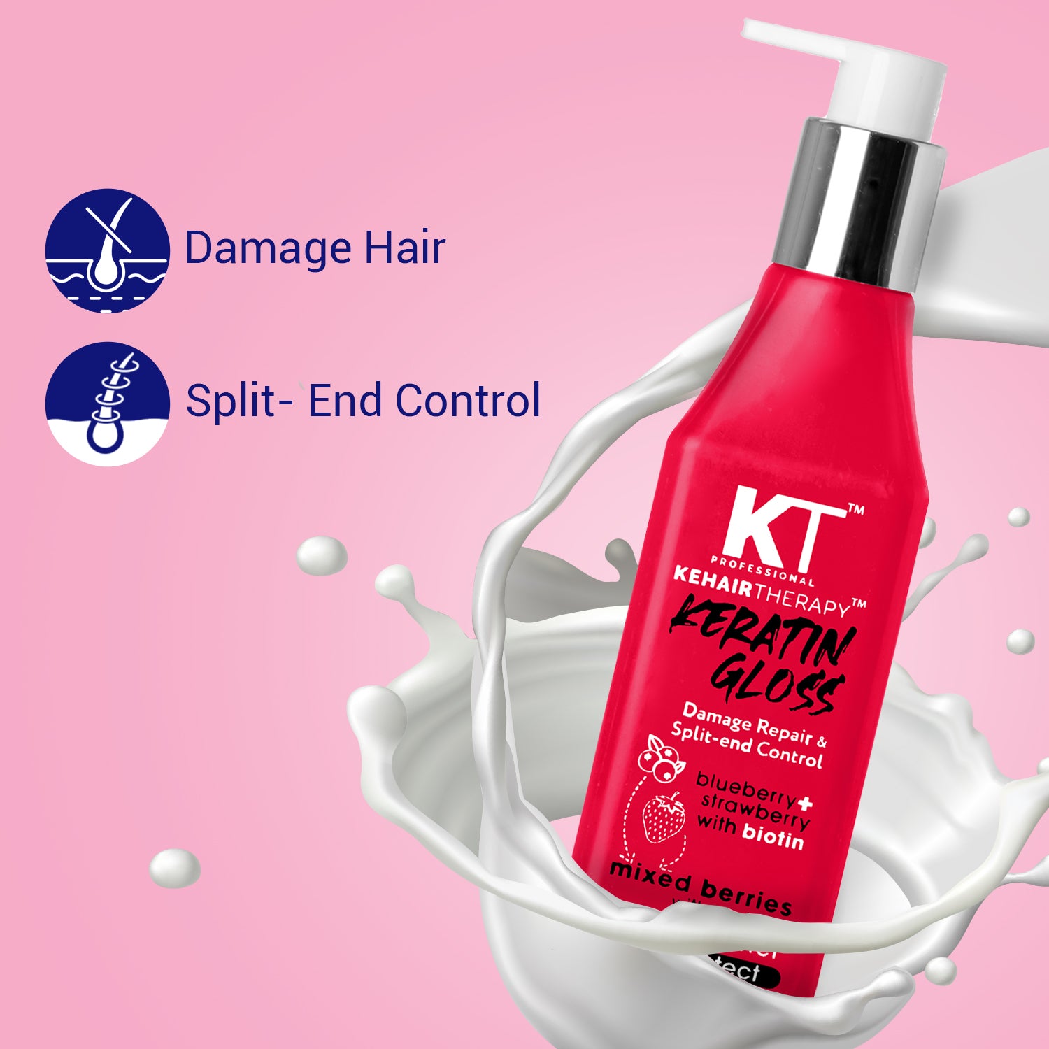 Keratin Gloss Conditioner | With Blueberry, Strawberry & Biotin Extracts | Damage Repair & Split-End Control | Sulfate-Free, Paraben-Free | 250ml