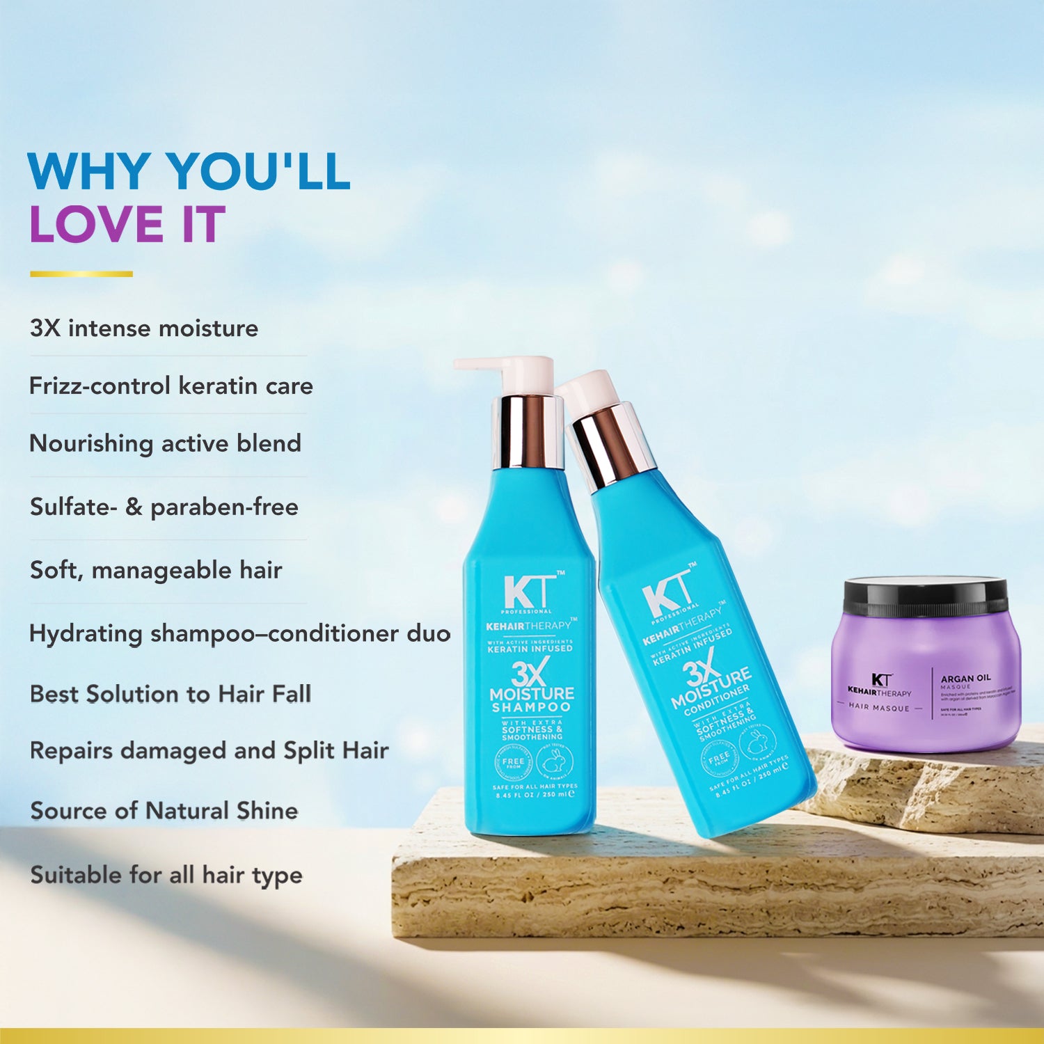 3X Moisture Shampoo &amp; Conditioner 250ml + Argan Oil Hair Masque 500ml