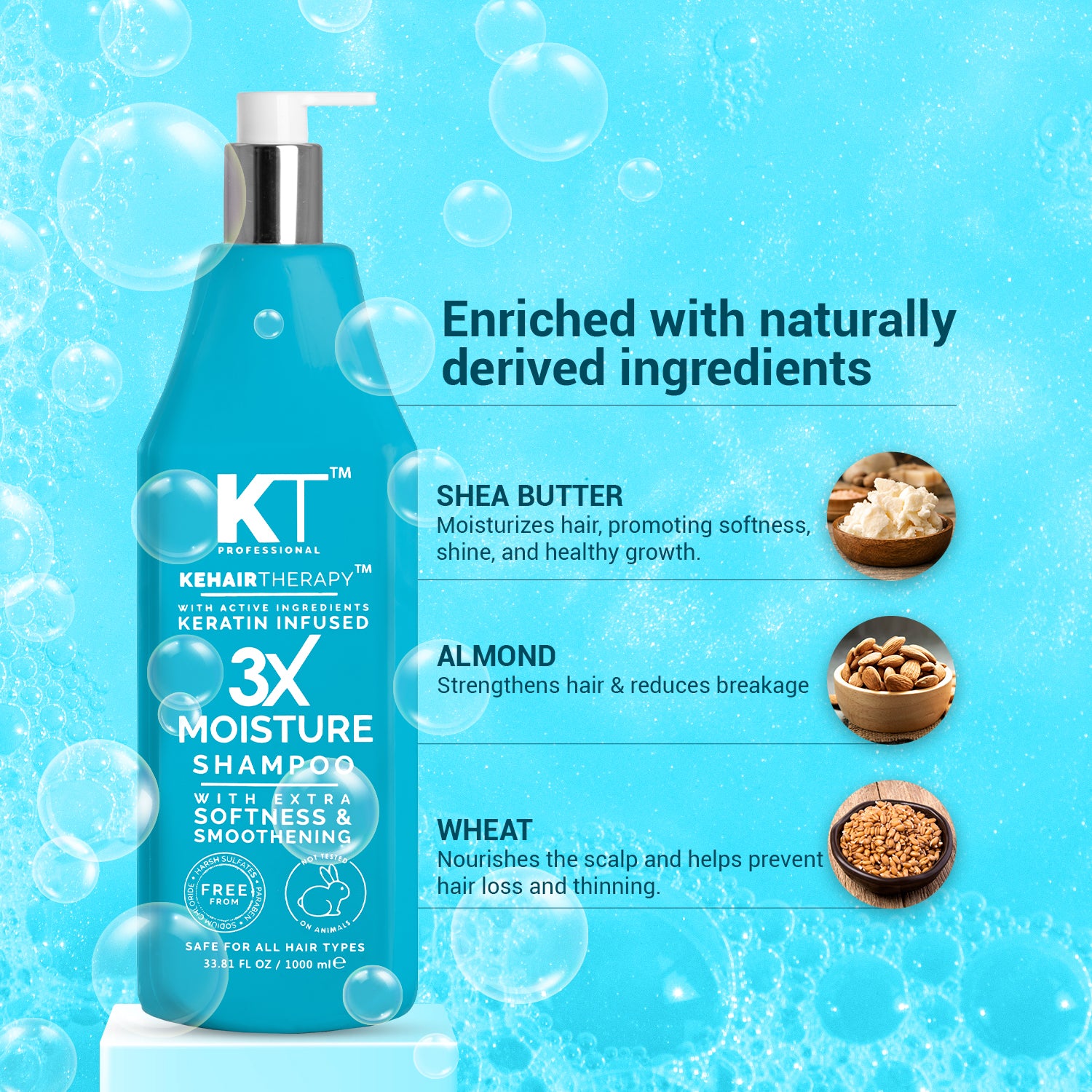 3X Moisture Shampoo | Keratin-Infused with Active Ingredients for Extra Softness &amp; Smoothness | Sulfate-Free, Paraben-Free | 1000ml | 120ml