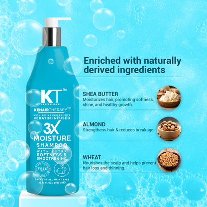 3X Moisture Shampoo | Keratin-Infused with Active Ingredients for Extra Softness &amp; Smoothness | Sulfate-Free, Paraben-Free | 1000ml | 120ml