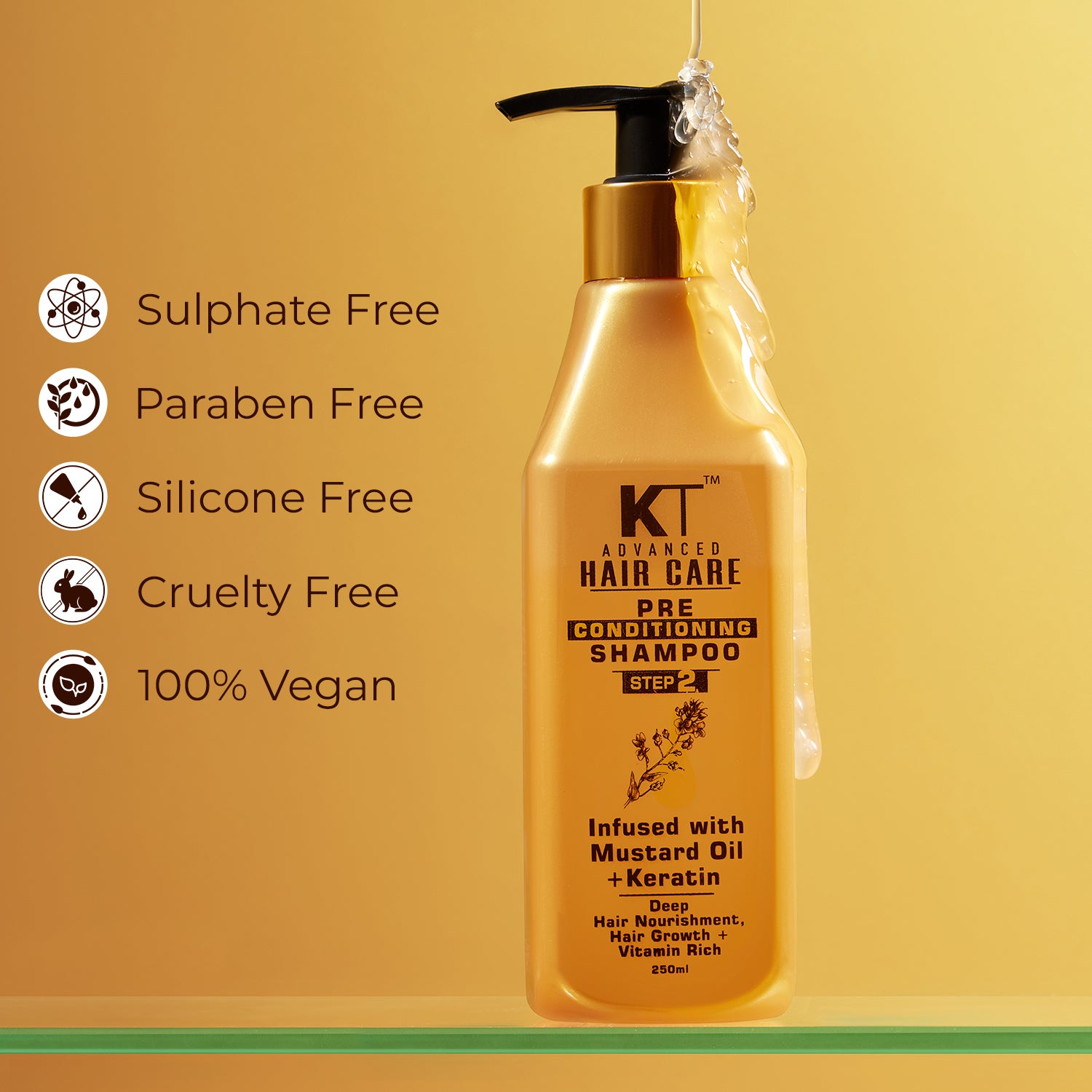 KT Professional Advance Hair Care Pre-Conditioning Mustard Infused Keratin Shampoo - 250ml | Strengthening &amp; Nourishing Formula for Dry, Damaged Hair | Sulfate-Free &amp; Paraben-Free | Ideal for All Hair Types