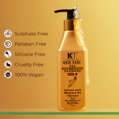 KT Professional Advance Hair Care Pre-Conditioning Mustard Infused Keratin Shampoo - 250ml | Strengthening &amp; Nourishing Formula for Dry, Damaged Hair | Sulfate-Free &amp; Paraben-Free | Ideal for All Hair Types