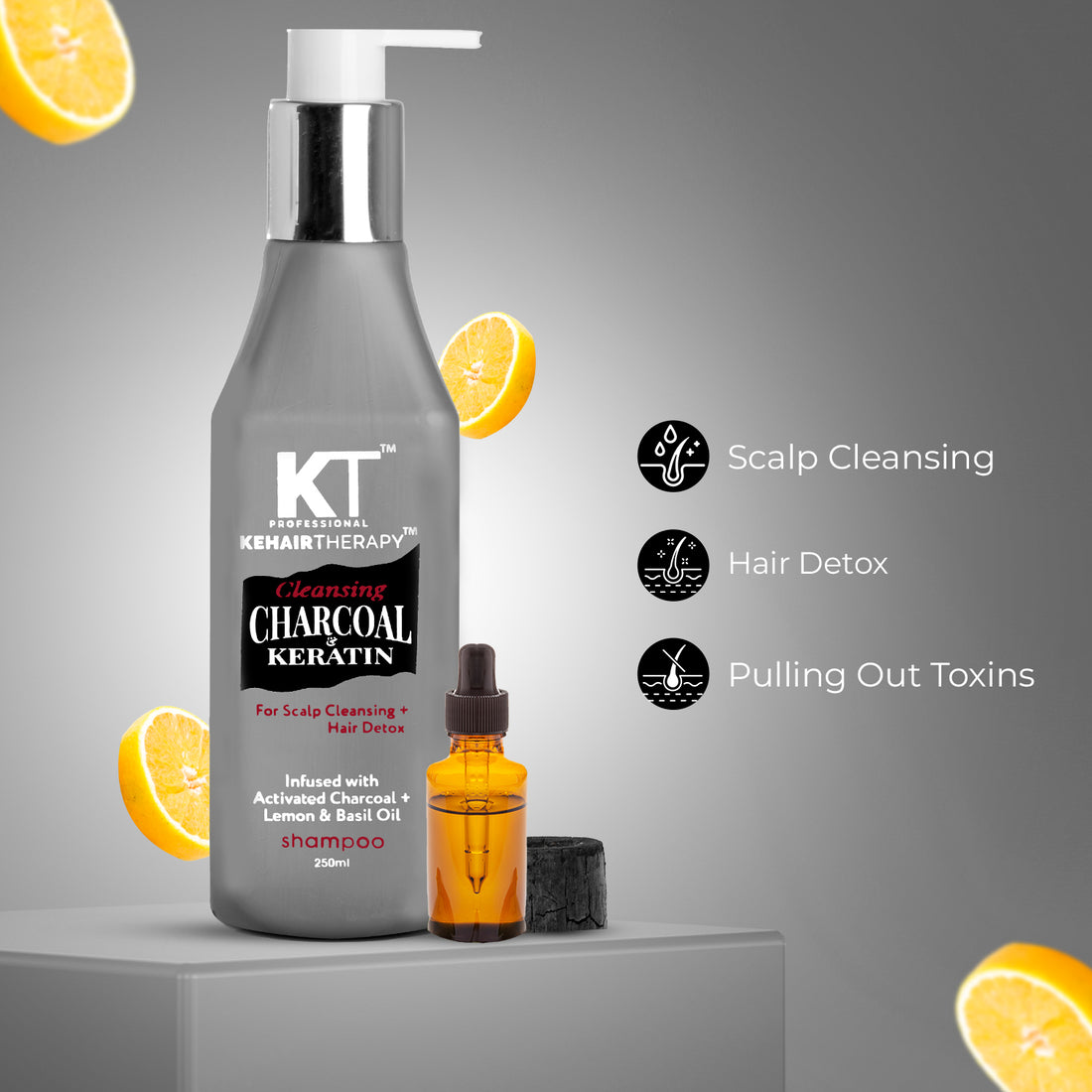 KT Professional Charcoal Keratin Shampoo - 250ml | Scalp Cleansing &amp; Hair Detox | Sulfate-Free &amp; Paraben-Free | Detoxifies Scalp, Strengthens Hair with Keratin &amp; Charcoal