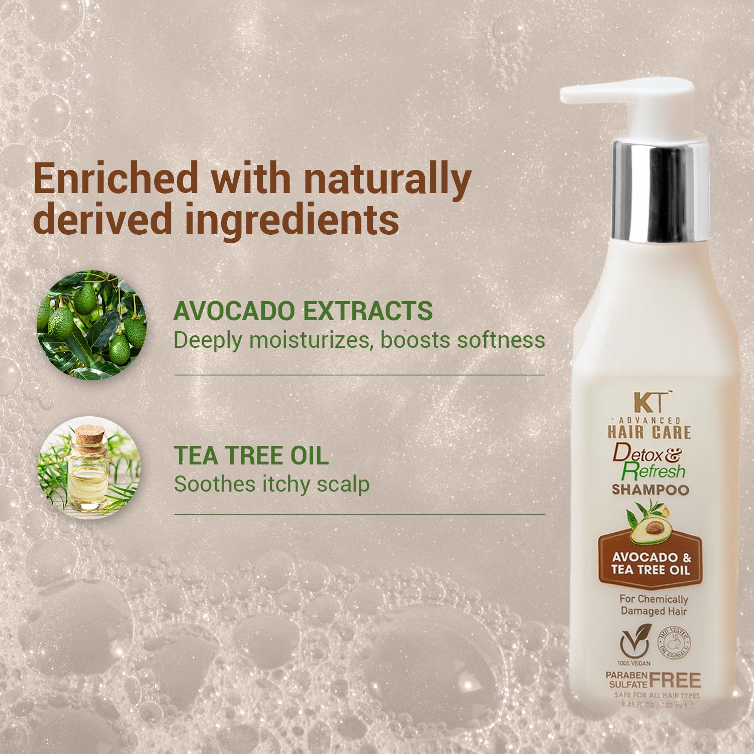 Detox &amp; Refresh Shampoo | Infused with Avocado &amp; Tea Tree Oil | Purifies Scalp &amp; Controls Oil | For Chemically Damaged Hair | Sulfate-Free, Paraben-Free | 250ml