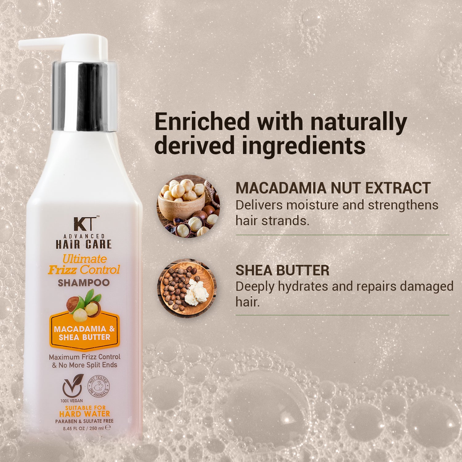 Ultimate Frizz Control Shampoo | Infused with Macadamia &amp; Shea Butter | Controls Frizz &amp; Repairs Split Ends | Sulfate-Free, Paraben-Free | 250ml