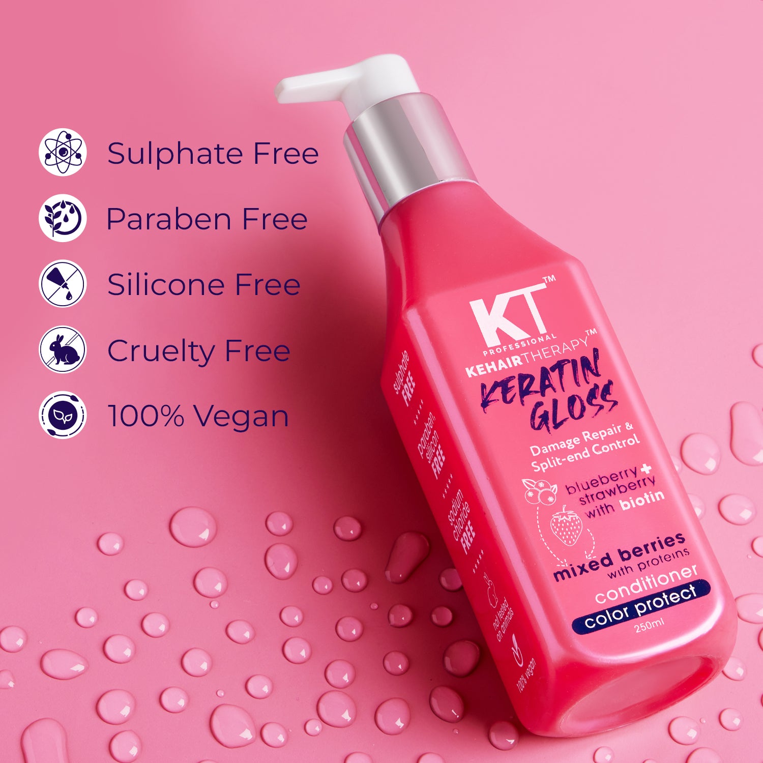 KT Professional Keratin Gloss Damage Repair &amp; Split-End Control Shampoo - 250ml | Sulfate-Free &amp; Paraben-Free | Strengthening &amp; Nourishing Formula for Smooth, Healthy Hair | Ideal for All Hair Types