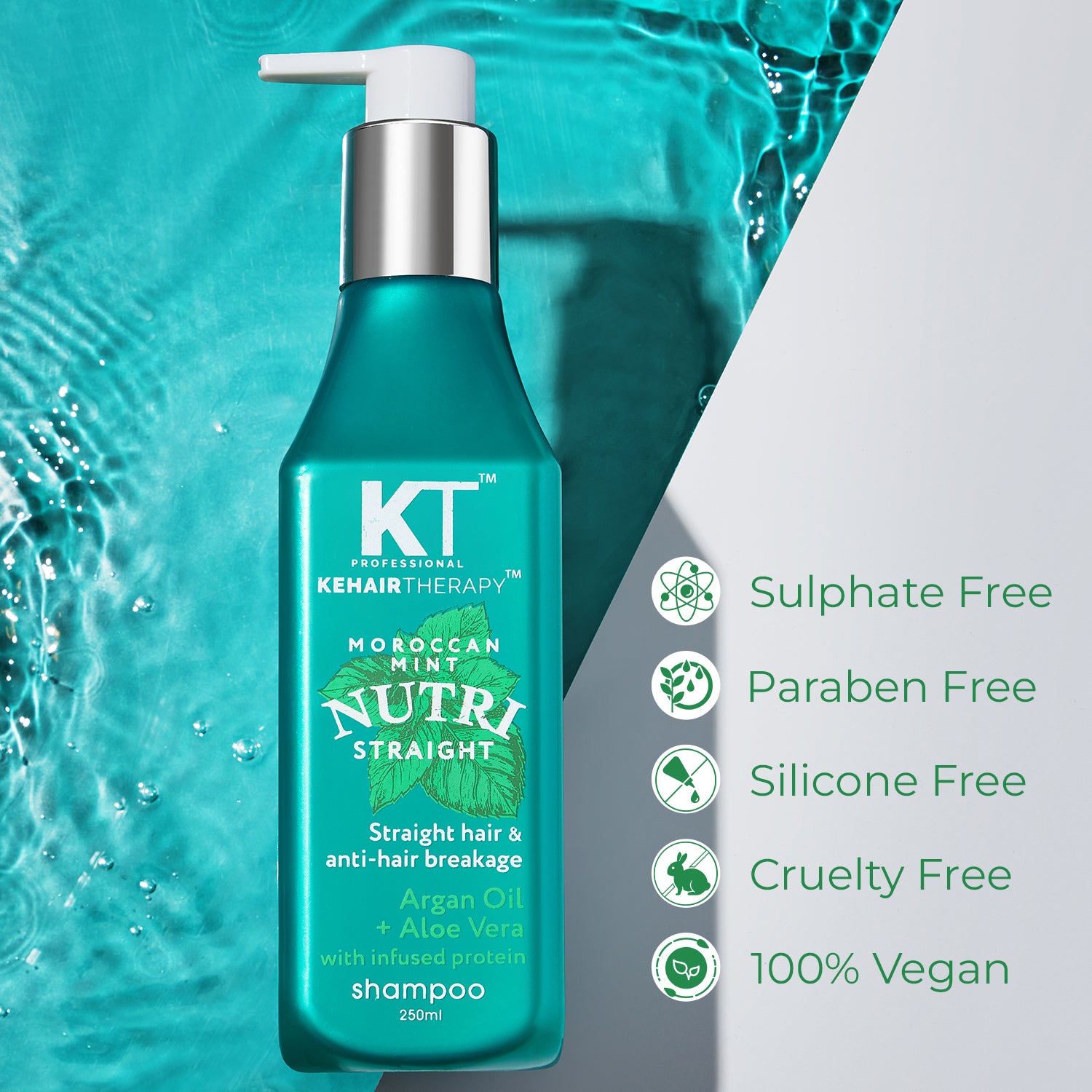 KT Professional Moroccan Mint Nutri Straight Shampoo - 250ml | Sulfate-Free &amp; Paraben-Free | Anti-Hair Breakage &amp; Nourishing Care for Straight, Smooth Hair | Safe for Color-Treated &amp; Chemically Treated Hair