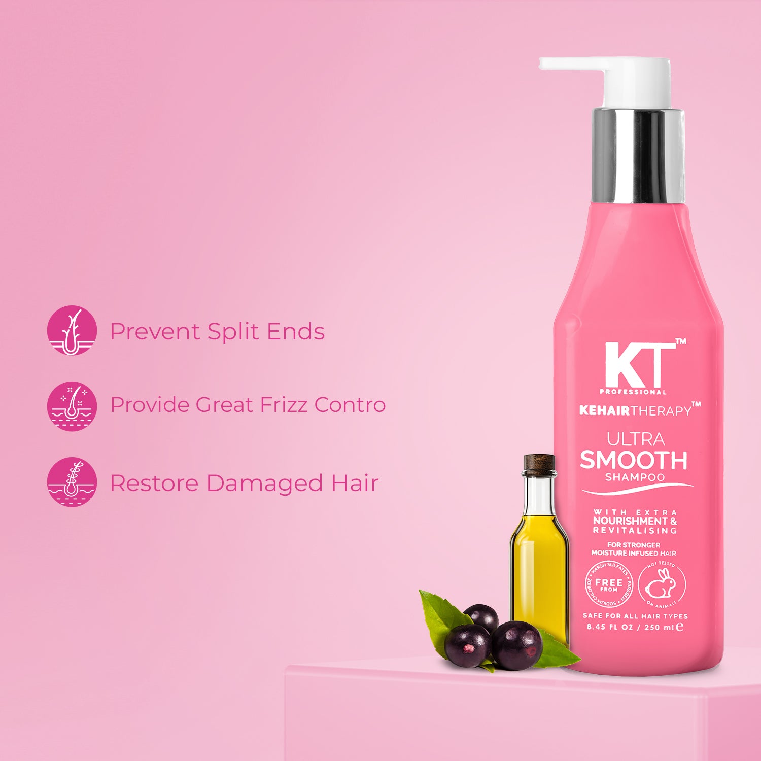 KT Professional Ultra Smooth Shampoo | Deep Hydration &amp; Frizz Control for Smooth, Silky Hair | Nourishing Shampoo for All Hair Types, Safe for Color-Treated Hair